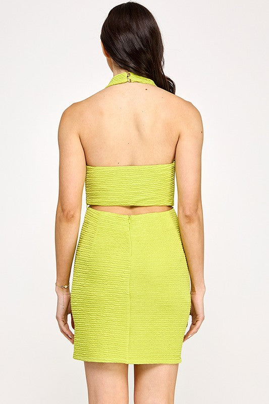 PLISS KNIT COWL HALTER DRESS