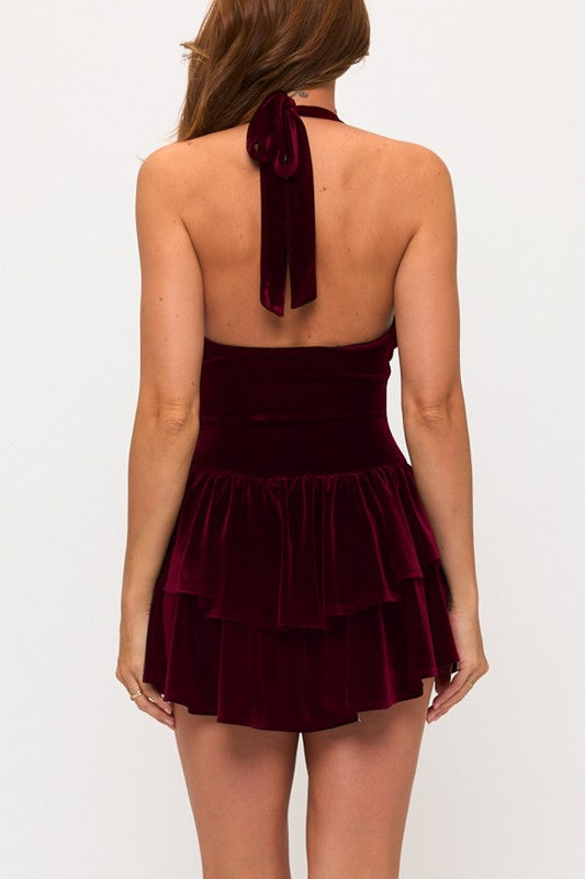 VELVET HALTER DOUBLE LAYER FLARE FIT FLARE MINI DRESS