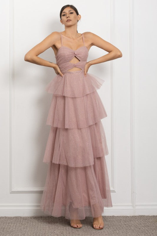 SPAGHETTI STRAP FRONT KEY HOLE DETAIL TIERED MAXI COCKTAIL DRESS
