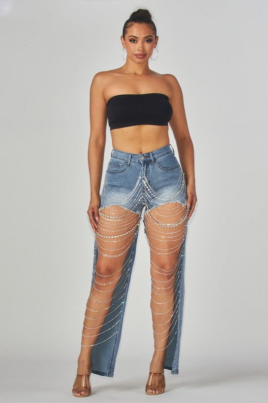 CHANELLE RHINESTONE DENIM PANTS