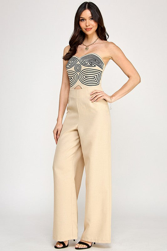 EMBROIDERED STRAPLESS JUMPSUIT