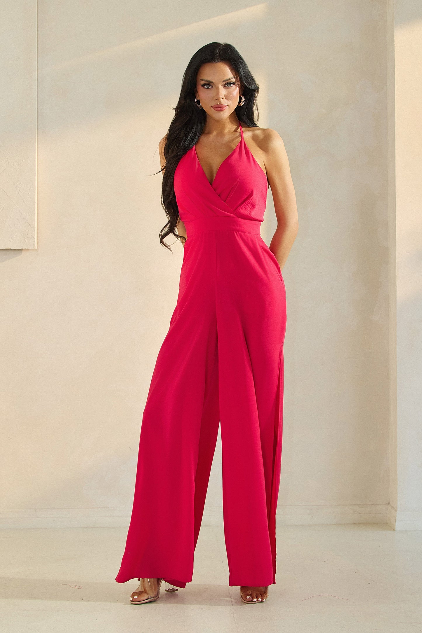 Surplice Front Shoulder Strap Attached Wide Leg Jumpsuit