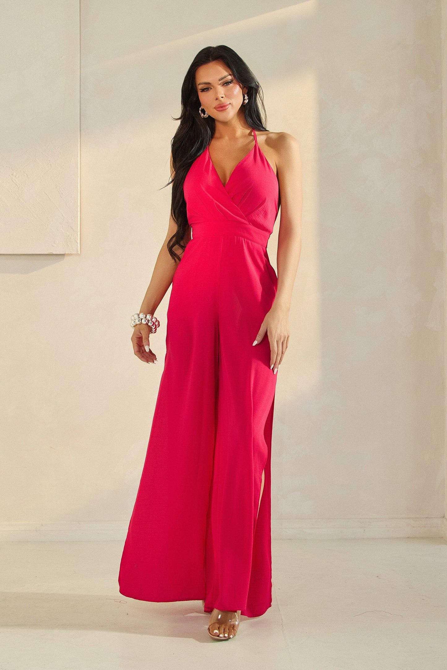 Surplice Front Shoulder Strap Attached Wide Leg Jumpsuit