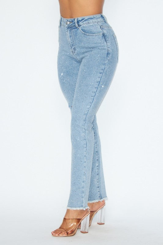 SPARKS RHINESTONE DISTRESSED HIGH RISE DENIM PANTS