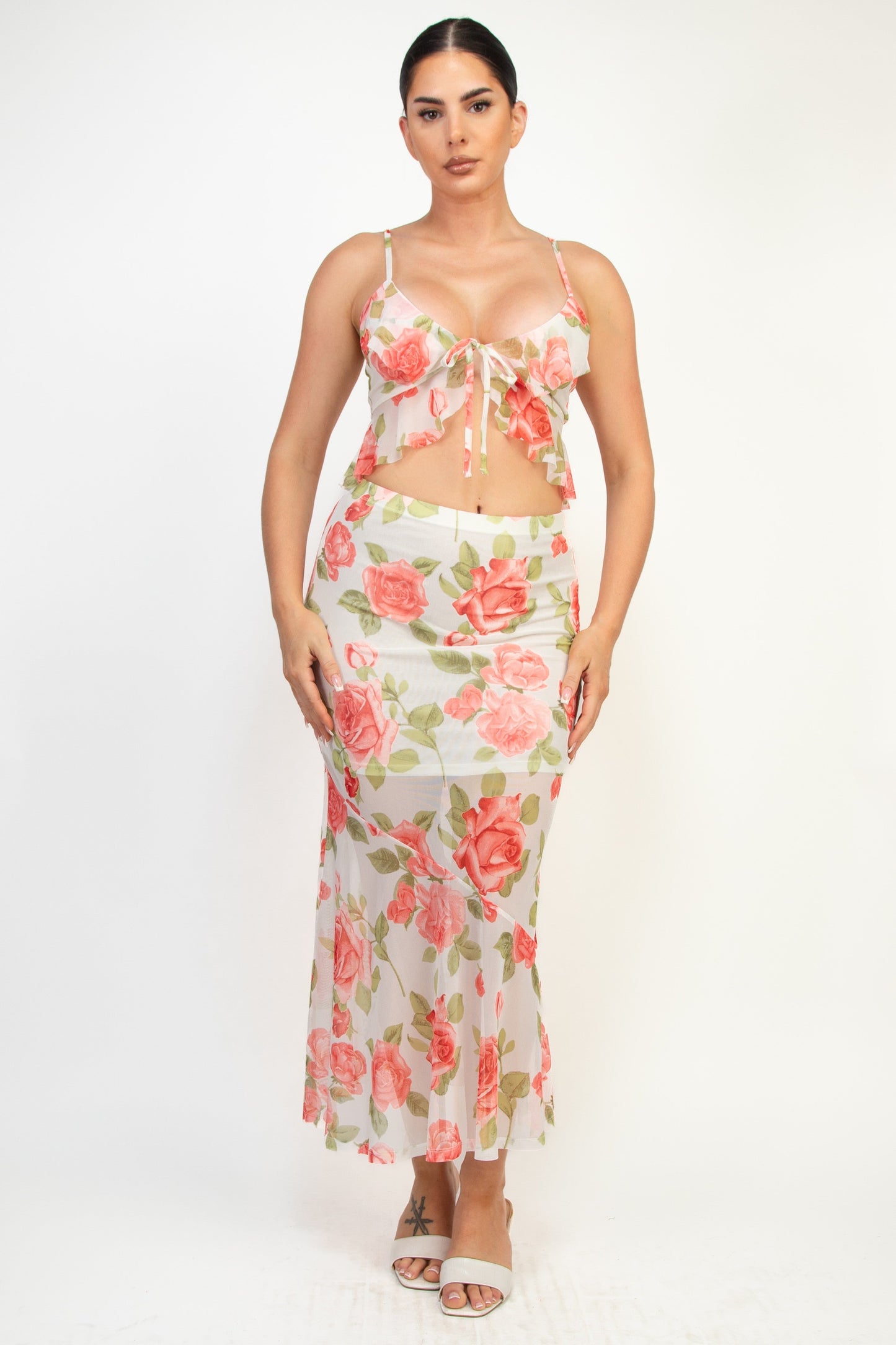 MESH PRINT TANK TOP AND SKIRT SET