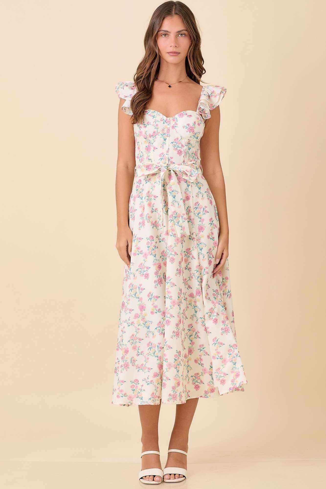 Floral Printed Ruffle Sleeve Summer Midi Dress