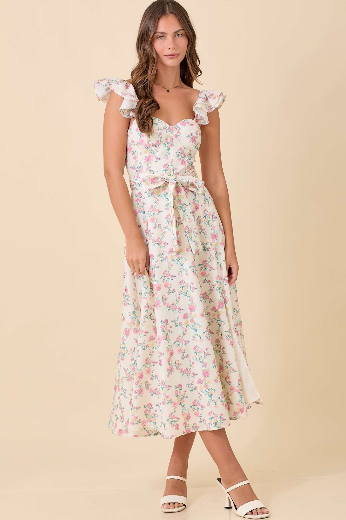 Floral Printed Ruffle Sleeve Summer Midi Dress