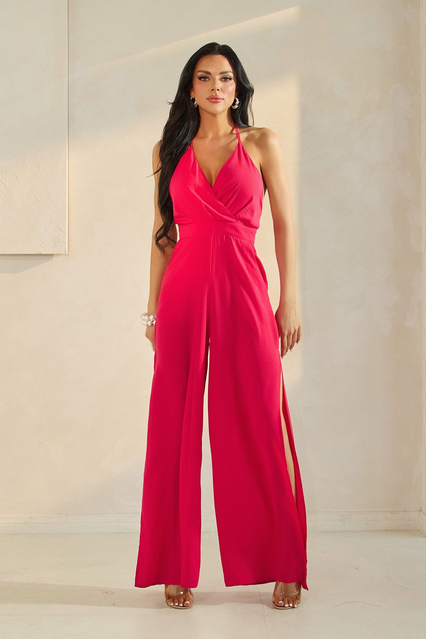 Surplice Front Shoulder Strap Attached Wide Leg Jumpsuit