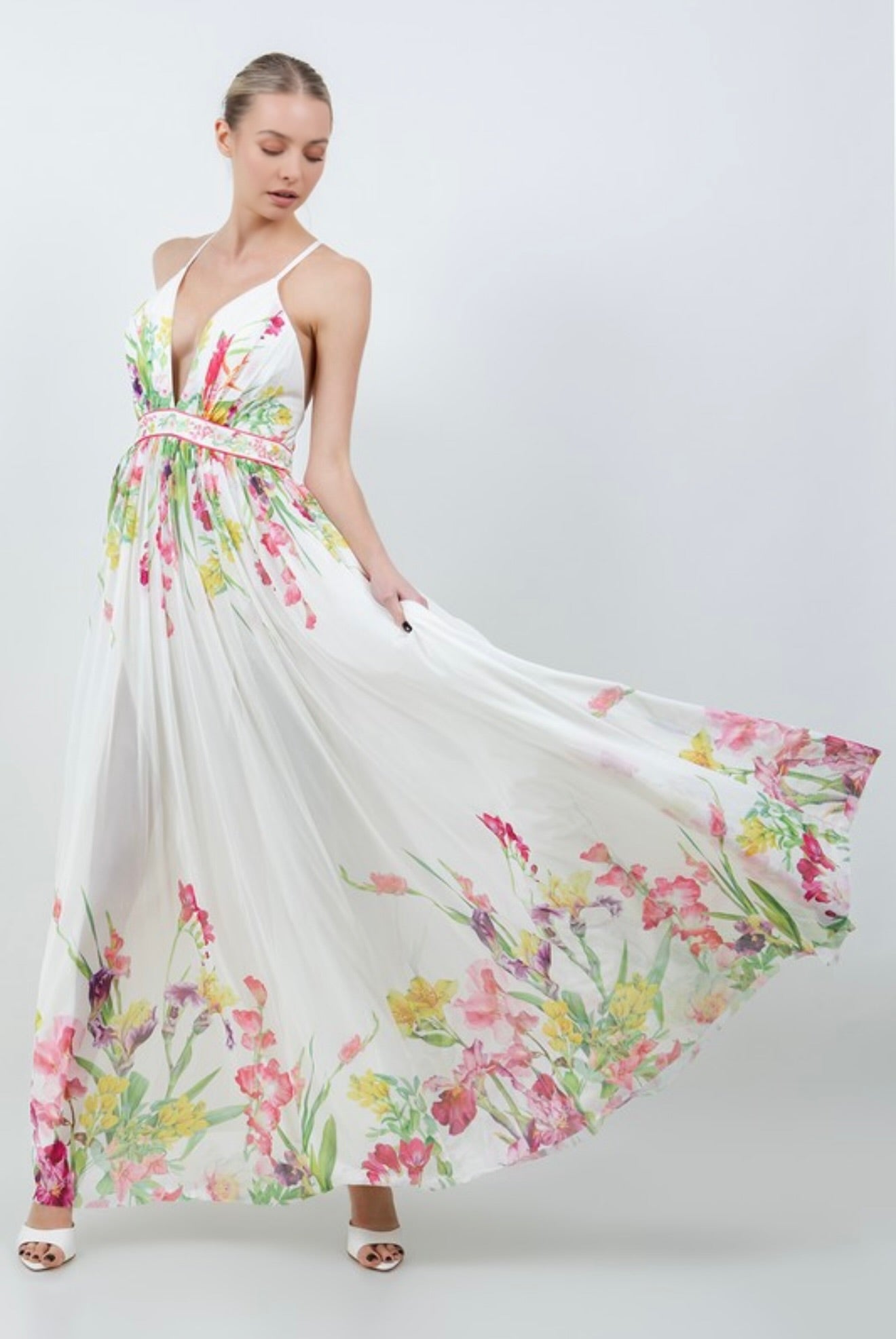FLORAL PRINTED V-NECK CROSSED BACK STRAPS DRESS