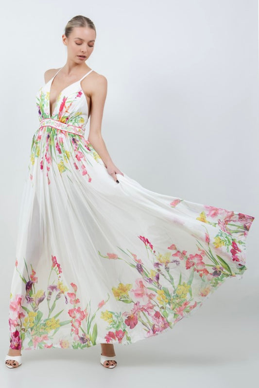 FLORAL PRINTED V-NECK CROSSED BACK STRAPS DRESS
