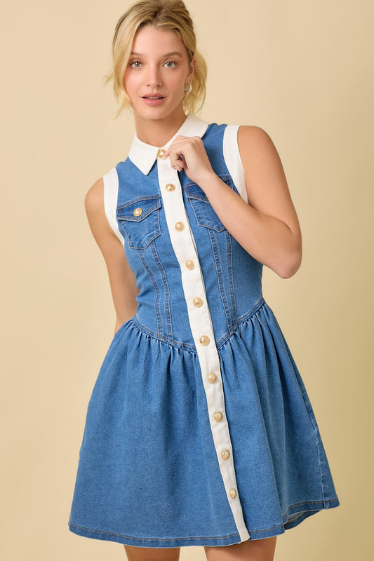 Collar Button Down Low Waist Denim Mini Dress