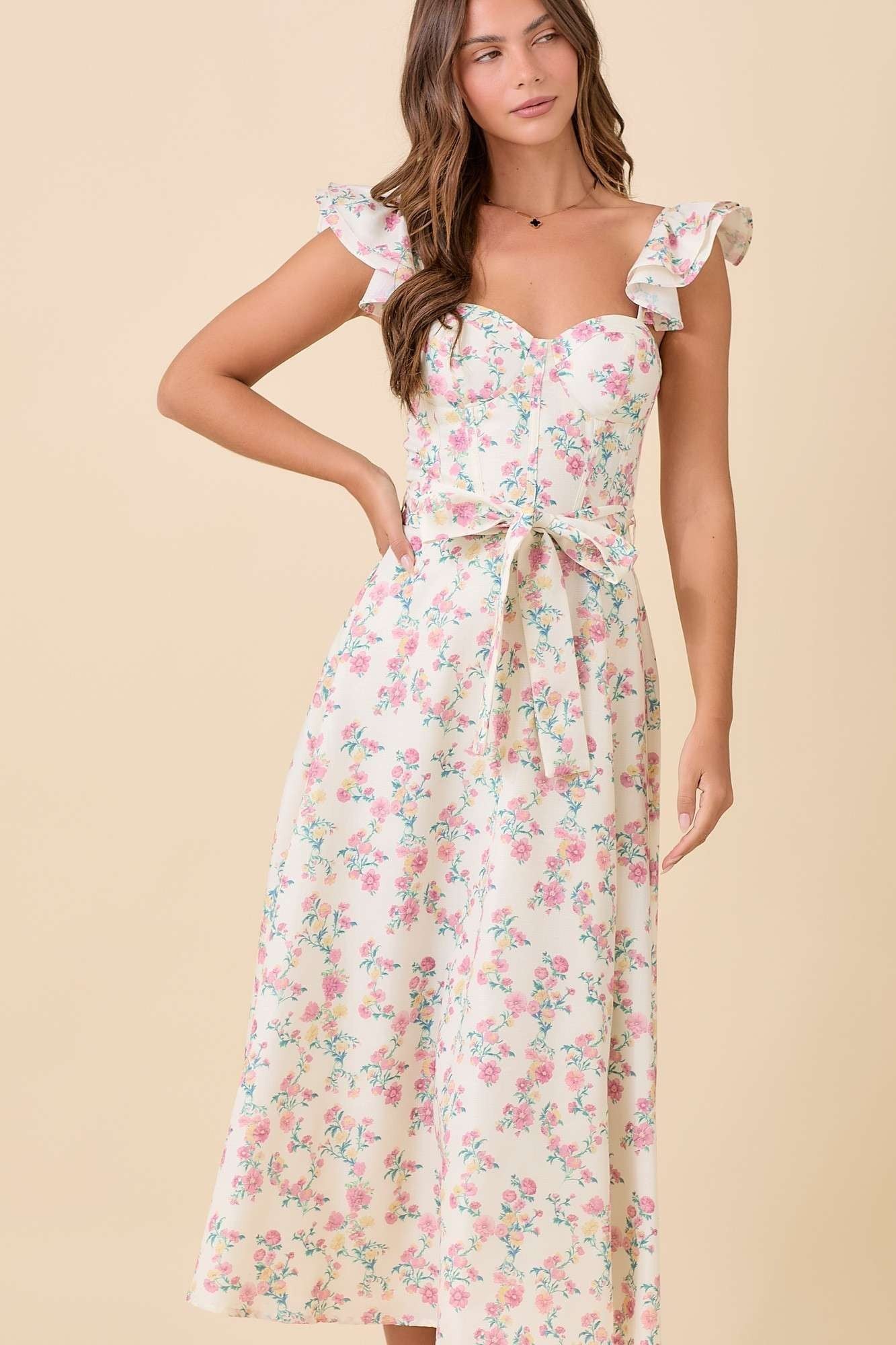 Floral Printed Ruffle Sleeve Summer Midi Dress