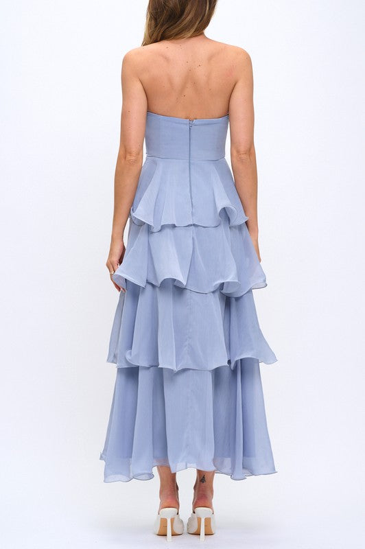 STRAPLESS MULTI-LAYER SWIRL MAXI DRESS