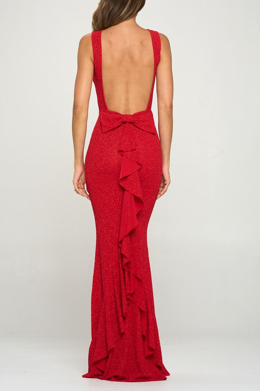 BOW RUFFLE GLITTER MAXI COCKTAIL DRESS