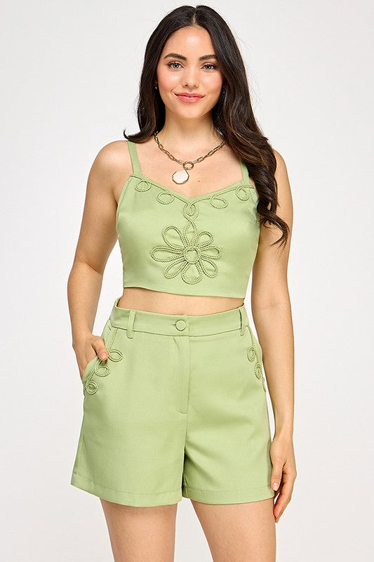 EMBROIDERED TRIM SLEEVELESS TOP WITH SHORTS SETS