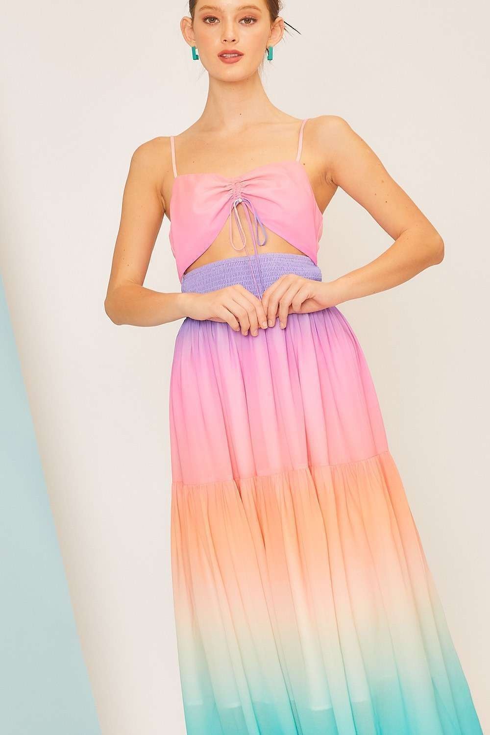 Tie Waist Smoking Ombre Print Summer Maxi Dress