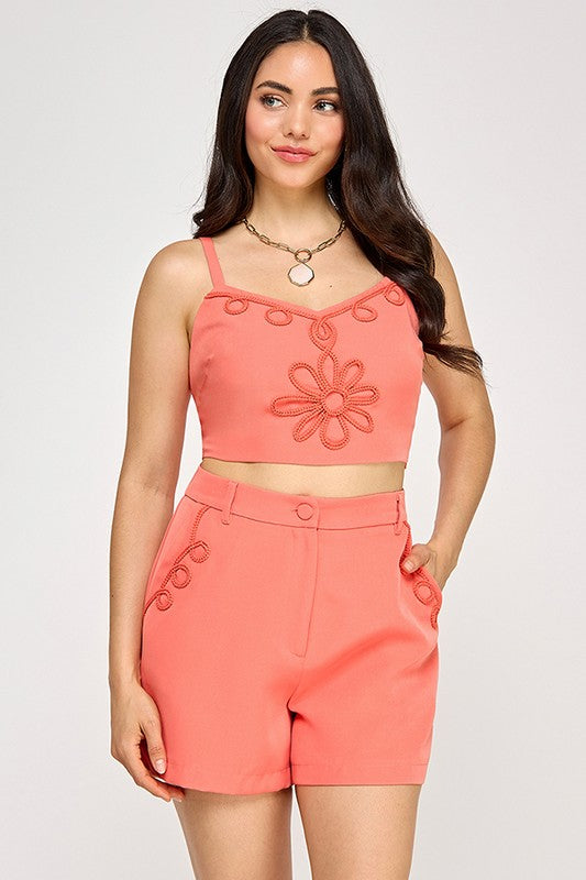 EMBROIDERED TRIM SLEEVELESS TOP WITH SHORTS SETS