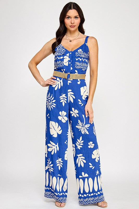 BORDER PRINTED SLEEVELESS JUMPSUIT