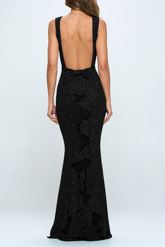 BOW RUFFLE GLITTER MAXI COCKTAIL DRESS