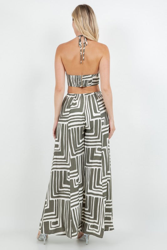 PRINTED HALTER NECK W OPEN BACK CUT OUT JUMPSUIT