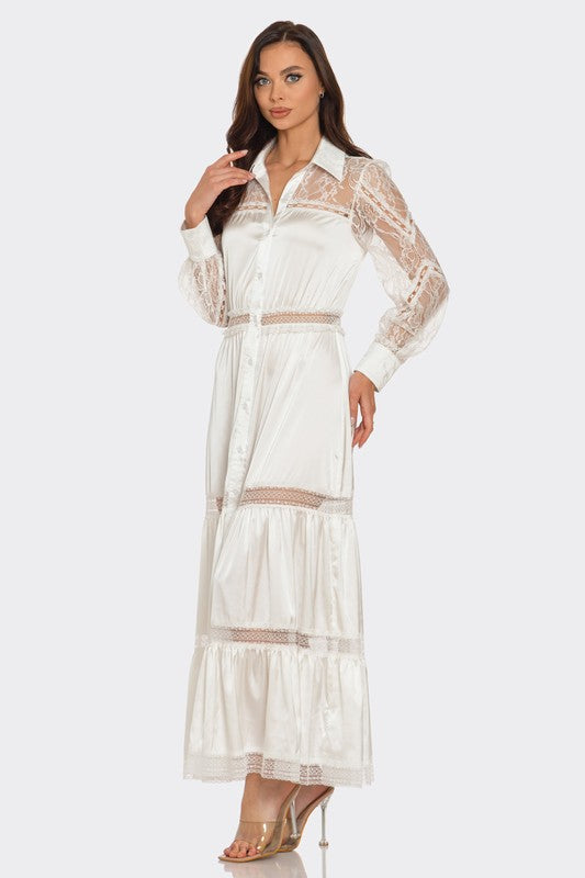 LACE TRIMMED SATIN MAXI DRESS