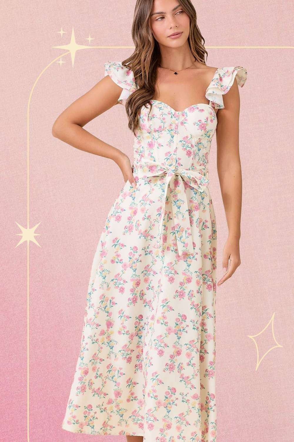 Floral Printed Ruffle Sleeve Summer Midi Dress