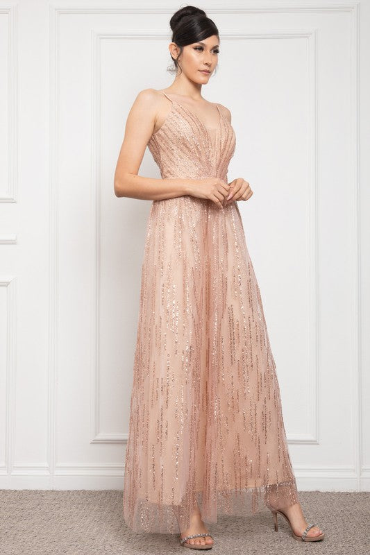 DEEP V NECK SPAGHETTI STRAP GLITTER MAXI COCKTAIL DRESS