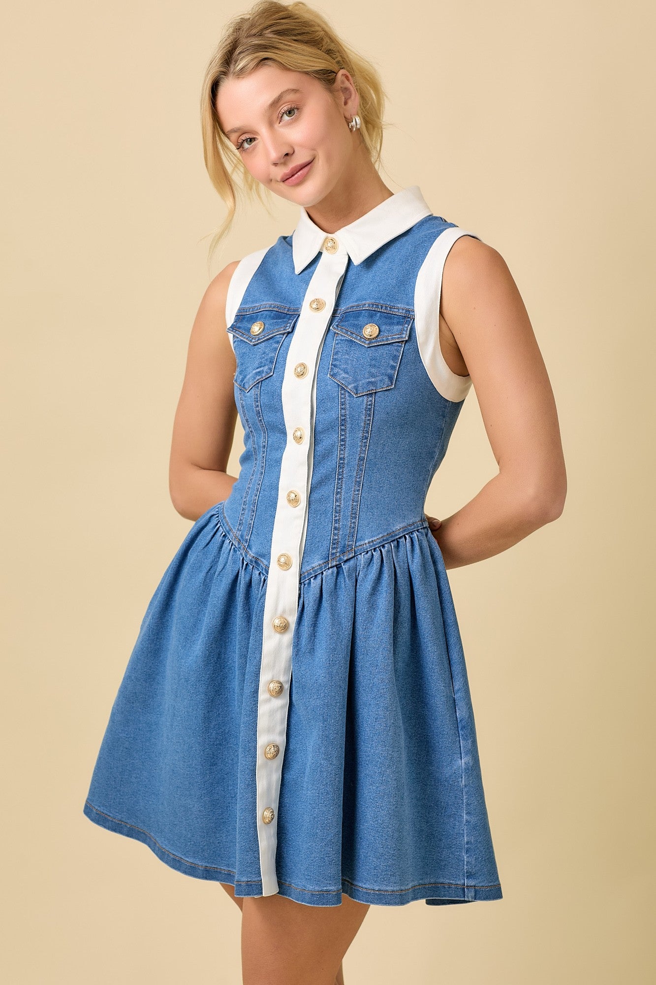 Collar Button Down Low Waist Denim Mini Dress