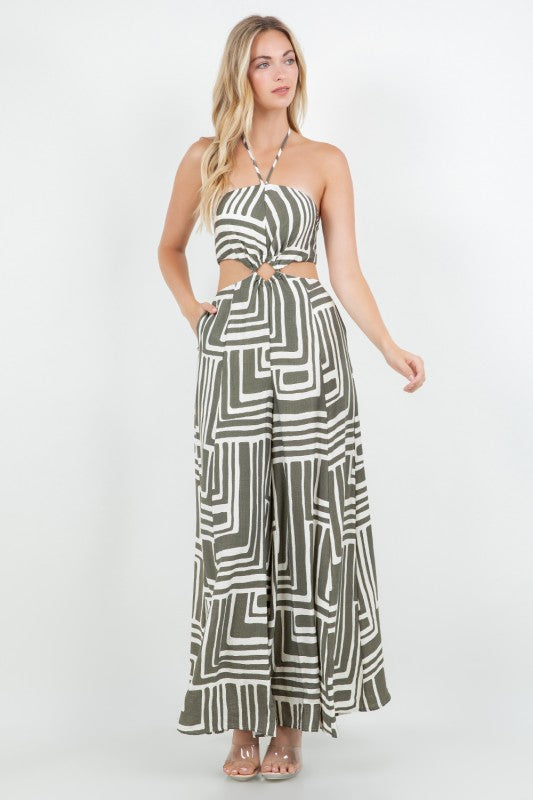 PRINTED HALTER NECK W OPEN BACK CUT OUT JUMPSUIT