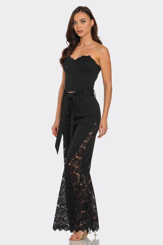 STRAPLESS CORSET WITH WIDE LEG LACE PANTS SET