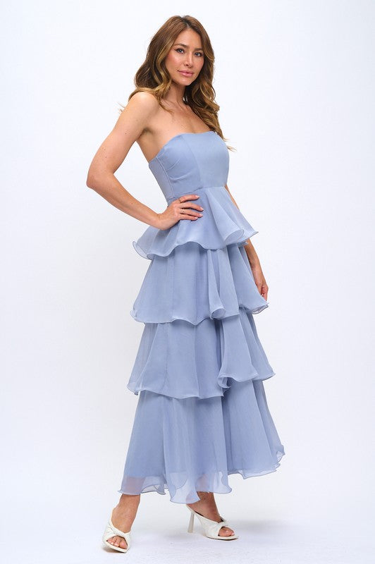STRAPLESS MULTI-LAYER SWIRL MAXI DRESS