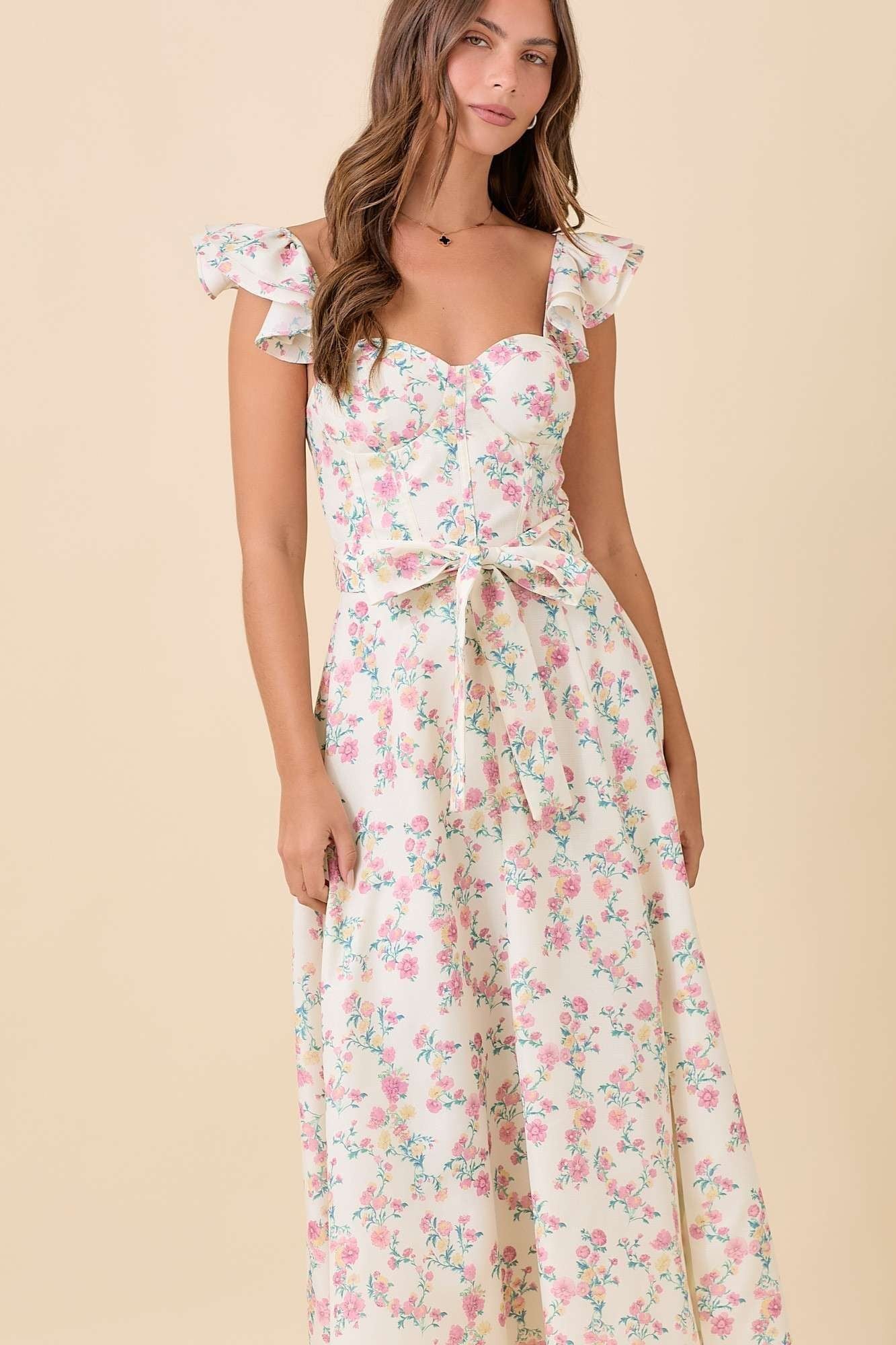 Floral Printed Ruffle Sleeve Summer Midi Dress