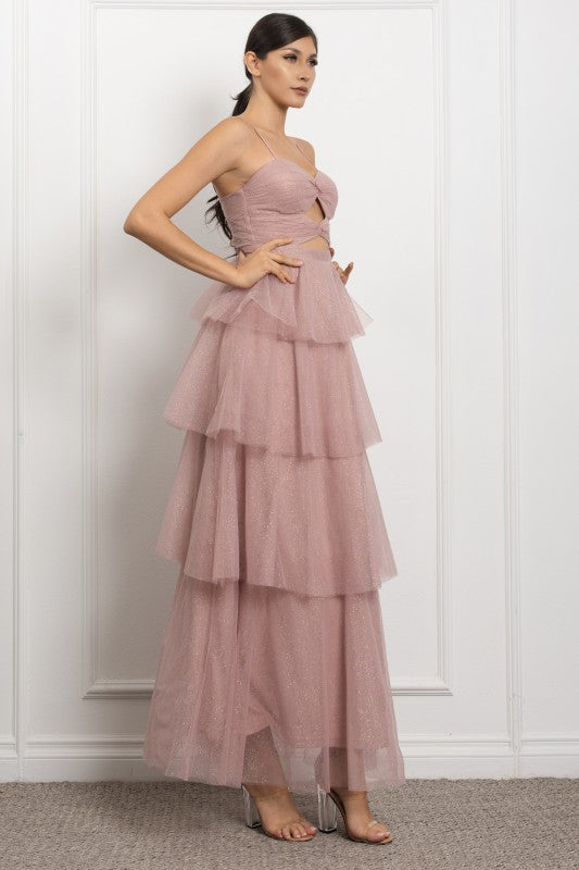 SPAGHETTI STRAP FRONT KEY HOLE DETAIL TIERED MAXI COCKTAIL DRESS