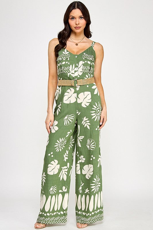 BORDER PRINTED SLEEVELESS JUMPSUIT