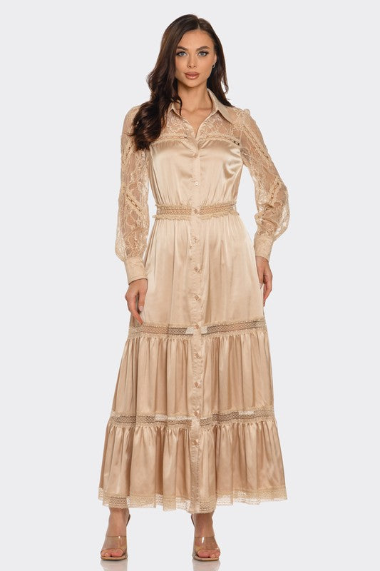 LACE TRIMMED SATIN MAXI DRESS