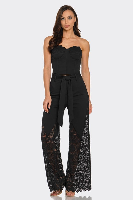 STRAPLESS CORSET WITH WIDE LEG LACE PANTS SET