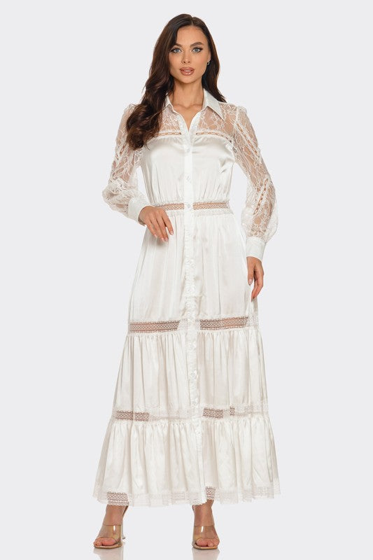 LACE TRIMMED SATIN MAXI DRESS