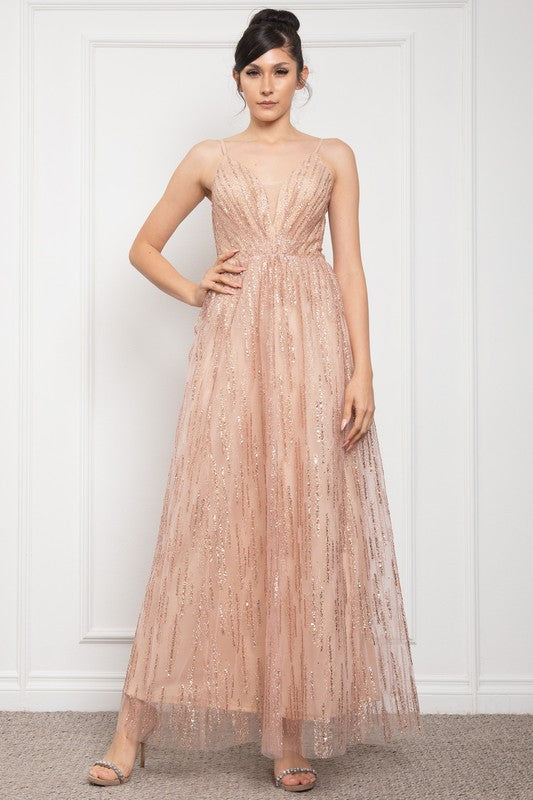 DEEP V NECK SPAGHETTI STRAP GLITTER MAXI COCKTAIL DRESS