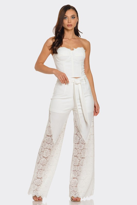 STRAPLESS CORSET WITH WIDE LEG LACE PANTS SET