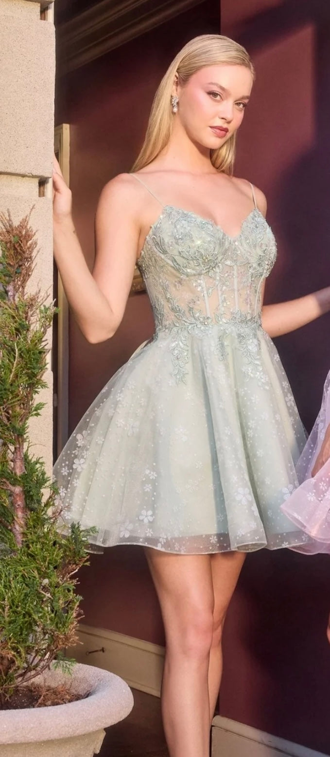 SWEETHEART SPAGHETTI STRAP MINI COCKTAIL DRESS WITH FLORAL EMBROIDERY
