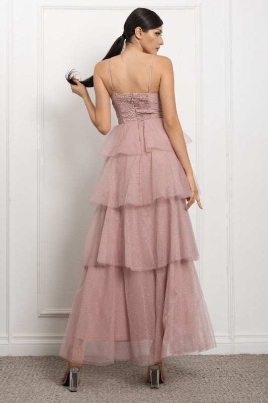 SPAGHETTI STRAP FRONT KEY HOLE DETAIL TIERED MAXI COCKTAIL DRESS
