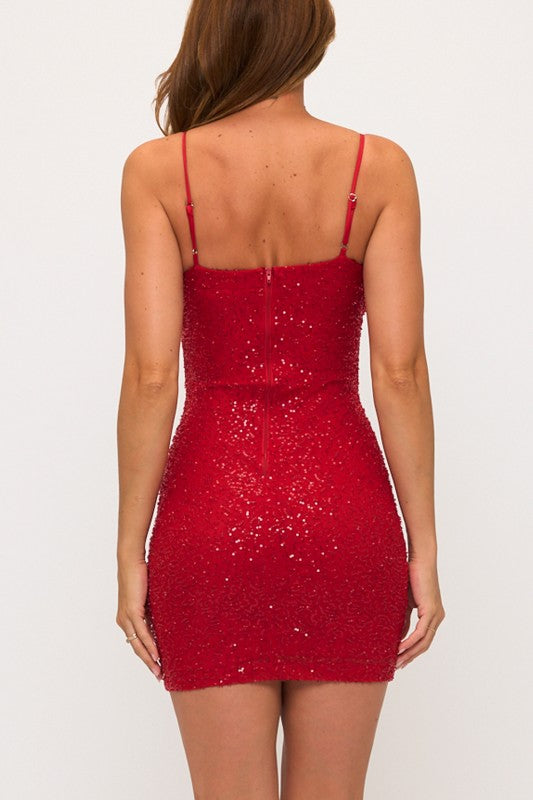 BEADS AND SEQUINS PLEATED BODYCON MINI PARTY DRESS