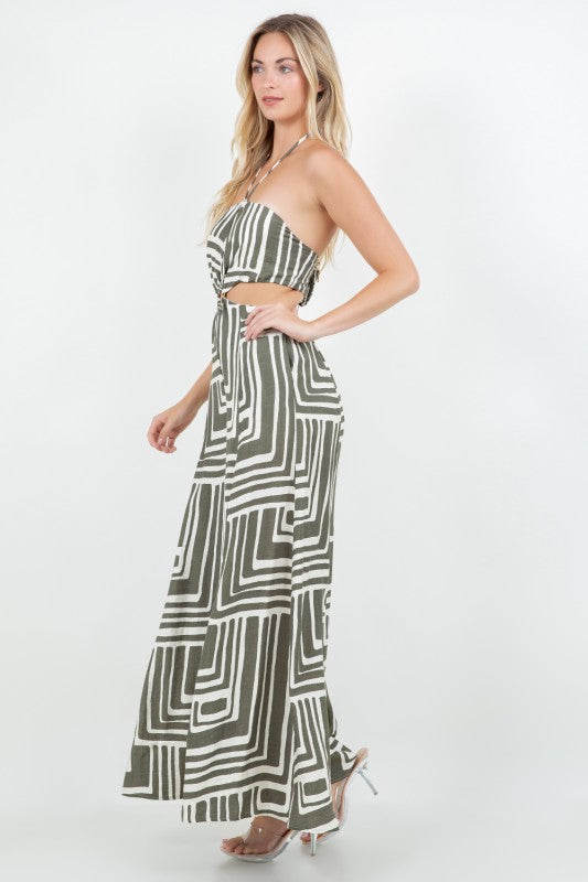 PRINTED HALTER NECK W OPEN BACK CUT OUT JUMPSUIT