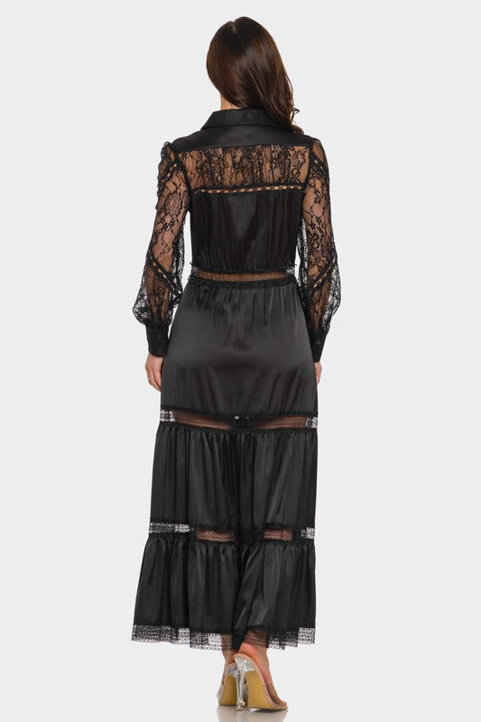 LACE TRIMMED SATIN MAXI DRESS