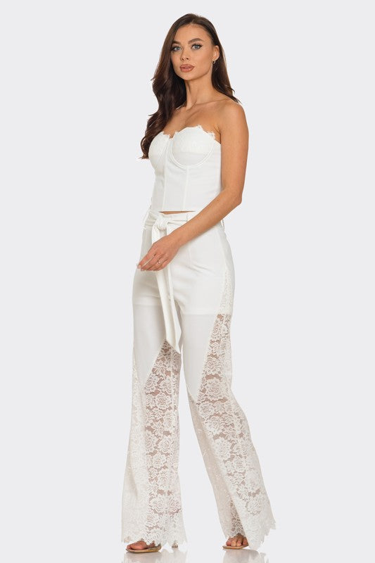 STRAPLESS CORSET WITH WIDE LEG LACE PANTS SET