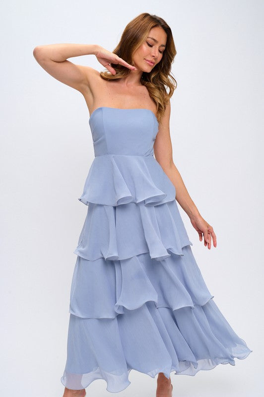 STRAPLESS MULTI-LAYER SWIRL MAXI DRESS
