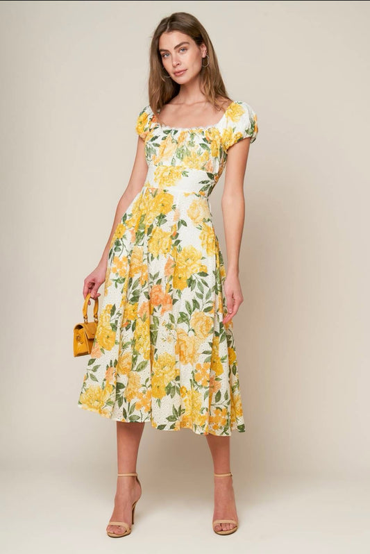 WOVEN PRINTED EYELET DRESS