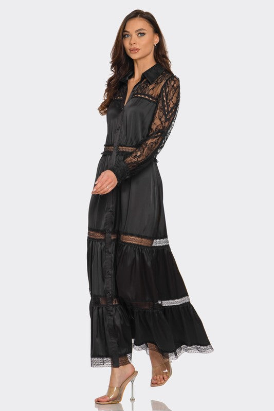 LACE TRIMMED SATIN MAXI DRESS