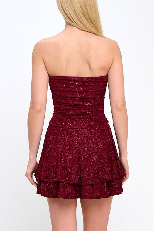GLITTER RUCHED DOUBLE LAYER SKIRT MINI PARTY DRESS