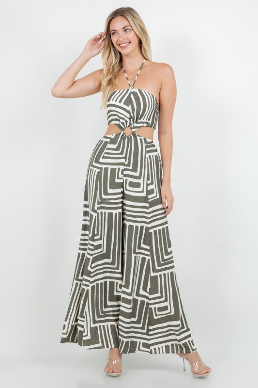 PRINTED HALTER NECK W OPEN BACK CUT OUT JUMPSUIT